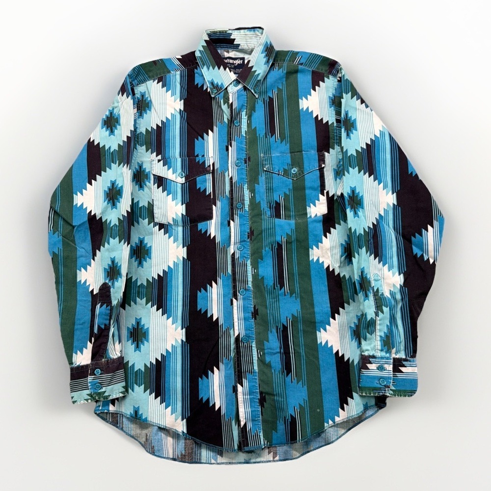Vintage 90s Wrangler Brushpopper Western Shirt 15.5 Aztec Green Teal Black M